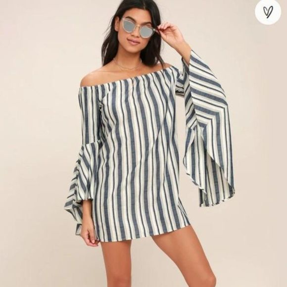Striped Off-Shoulder Bell Sleeve Mini Dress - Blue/White